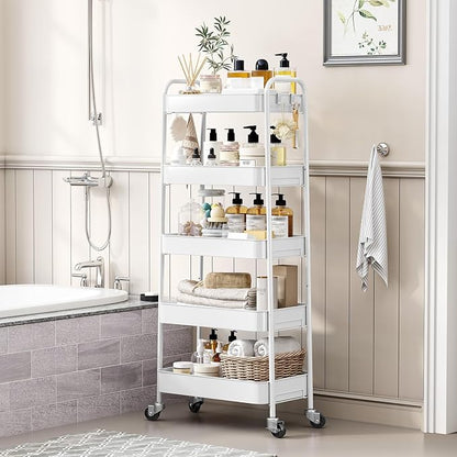 TOOLF 5-Tier Metal Rolling Cart with Wheels, Storage Utility Organizer Cart for Kitchen, Bathroom, Office, Baby Essentials & Makeup - Lockable Casters, Easy Assembly, Large Capacity, White
