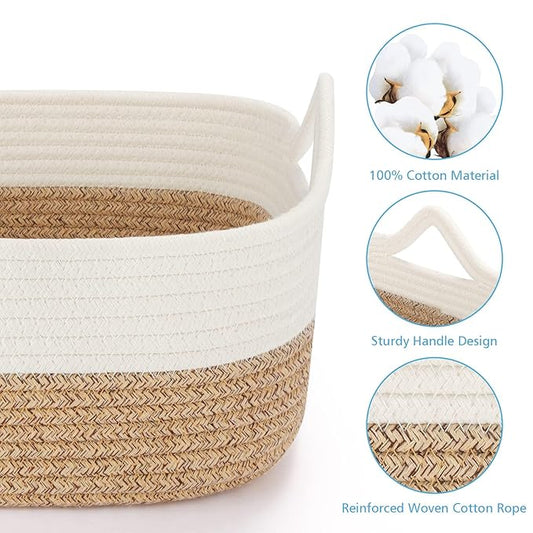 ABenkle Small Storage Basket with Handles, Cotton Rope Woven Dog Cat Toy Bin, Decorative Shelves Closet Organizing for Nursery Laundry Bedroom Bathroom, 14.2''x 11''x 5.1''