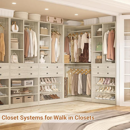 Closet System with 4 Drawers and Hanging Rods, 59.5"L / 87"L Closet Organizer System with Corner Tower, L Shaped Walk-in Closet System, Corner Closet System with Shelves, Set of 3, Greige Oak