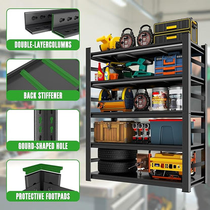 Metal Garage Shelving Unit,Heavy Duty 5-Tier Adjustable Storage Shelves,3000 lbs Capacity,Industrial Shelves for Heavy Tools and Equipment,for Garage,Basement (Black, 39.4" Wx13.8 Dx71 H)