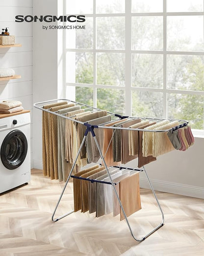 SONGMICS Clothes Drying Rack, with Sock Clips, Metal Laundry Rack, Foldable, Space-Saving, Free-Standing Airer, with 2 Height-Adjustable Gullwings, Indoor Outdoor Use, Silver and Blue ULLR52BU