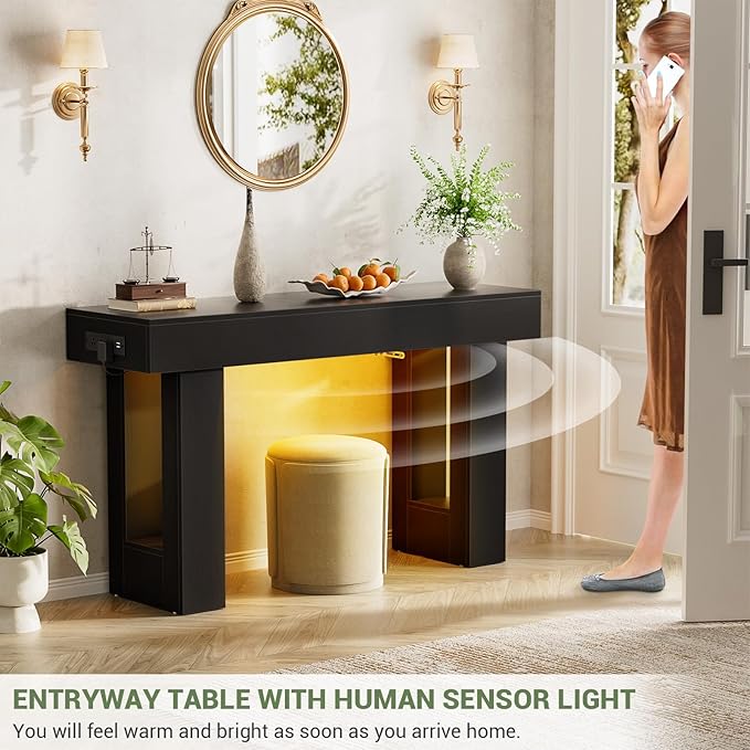 Unikito 47" Entryway Table with Socket and Sensor Light, Narrow Console Table with Storage Behind Couch, Farmhouse Entry Way Tables with Open Storage for Entrance/Hallway/Living Room, Black