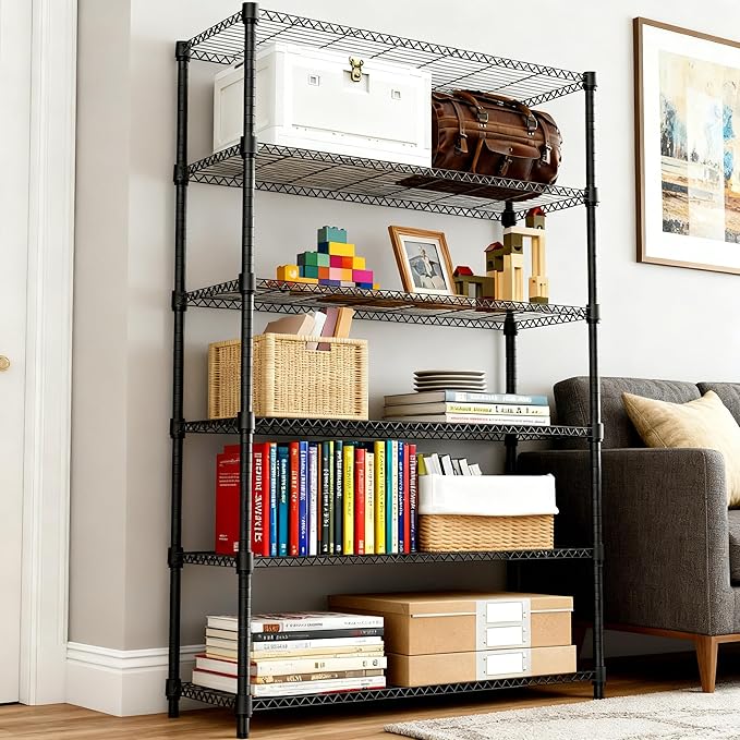 2100LBS 47.2" W 6 Tiers Shelf Storage Shelves Metal Shelving Unit Heavy Duty Garage Shelving Adjustable Wire Shelves for Pantry,Kitchen,Garage,Basement,Black 17.7" D x 47.2" W x 82.4" H