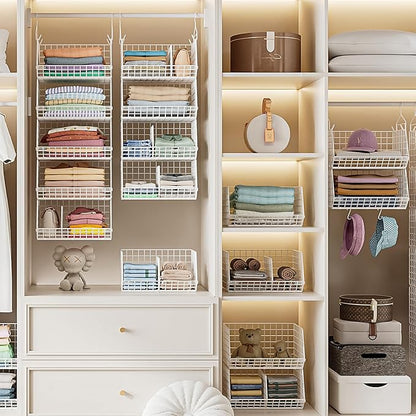 6 Tier Extra Large Hanging Closet Organizer, Closet Storage Hanging with Dividers, Wire Closet Shelf with 5 S Hooks 4 Dividers,Sweater Handbag Hat Accessory Storage Hanger,White