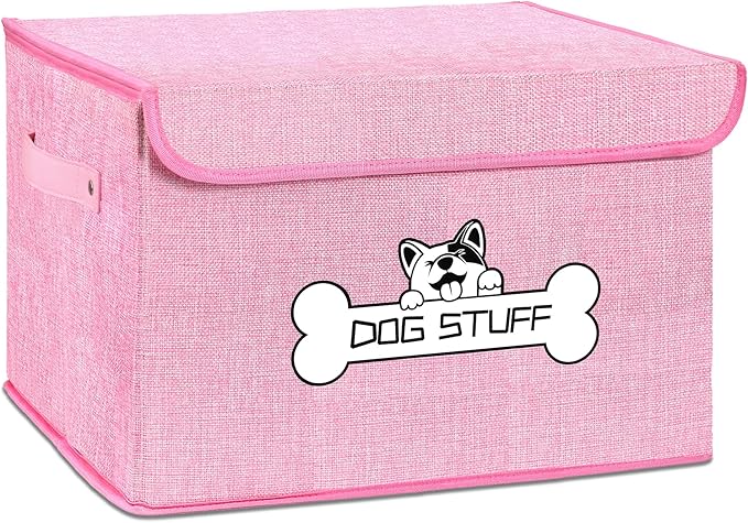 Fabric Dog Toy Box with Lid, Collapsible Storage Bin, Basket Organizer with Handle for Dog Toys, Blankets and Accessories, Pink