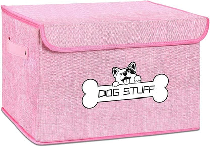 Fabric Dog Toy Box with Lid, Collapsible Storage Bin, Basket Organizer with Handle for Dog Toys, Blankets and Accessories, Pink