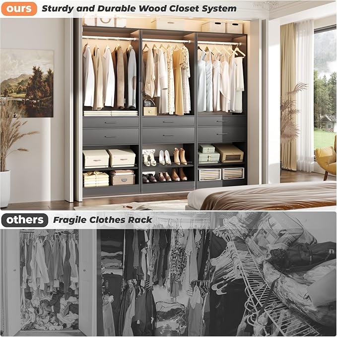 Unikito 25" W x 80" H Closet Organizer Storage with Hanging Rod and 2 Wooden Drawer, Adjustable Angled Shoes Rack, Sturdy Garment Racks, Walk-in Closet Tower for Bedroom, Mudroom, and Entryway, Black