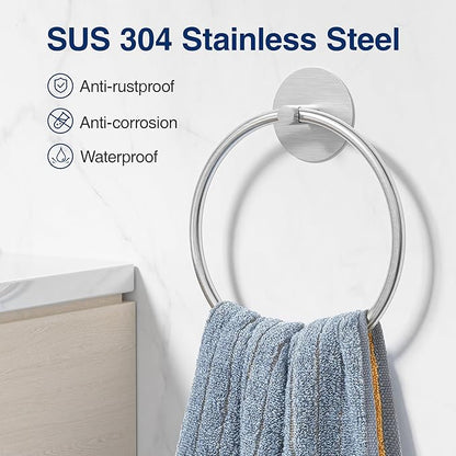 Nickel Brushed Bathroom Towel Ring - SUS304 Stainless Steel Bathroom Towel Rack, Susswiff Adhesive Wall Mounted Hand Towels Holder, Towel Hanger for Bathroom Organizer, Kitchen Storage