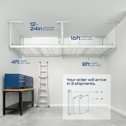 2-Pack 4 x 8 MonsterRax Overhead Garage Storage Rack, Ceiling Racks for Garage, Organization Shelving, Adjustable Hanging Shelf, White, 12"-21" Height Adjustment