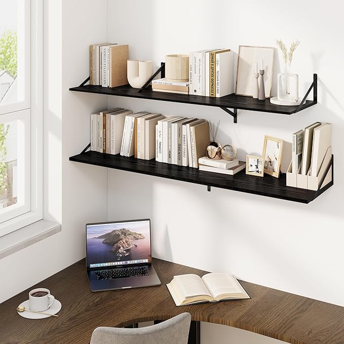 Fun Memories Floating Shelves for Wall, 12 Inch Deep Floating Shelves Set of 2, 24W x 12D Large Wall Shelf with Sturdy Metal Brackets for Living Room, Bathroom, Bedroom and Kitchen, Black