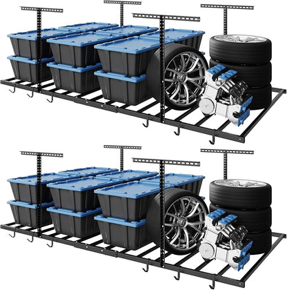 FLEXIMOUNTS 4x8 Overhead Garage Storage Rack with 6 Hooks, Adjustable Storage Organization System, Heavy-Duty Metal Ceiling Racks, 22.6" -39.4" Ceiling Dropdown, 2 Pack, Black, Lite Series