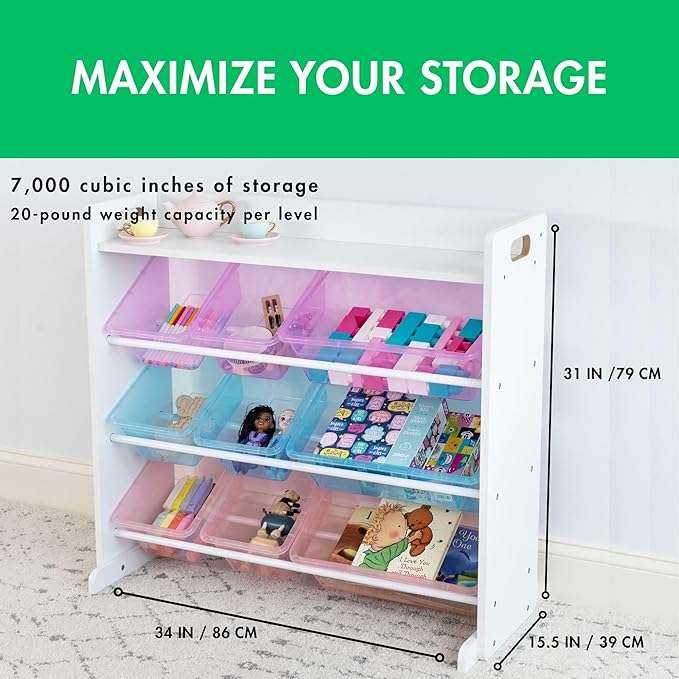 Humble Crew Toy Storage Organizer with Top Shelf and 9 Removable Bins, White/Purple/Pink/Blue – Toddler Bookshelf with Toy Organizer - Modern Toy Rack Ideal for Kids' Rooms, Playrooms, and Nurseries