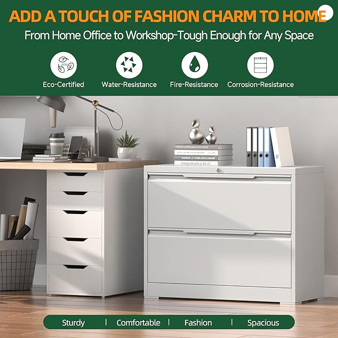 Lateral File Cabinet 2 Drawer, Metal File Cabinet with Lock, Wide Filing Cabinets for Home Office, White Locking Deep Drawer for Hanging Files Letter/Legal/A4/F4 Size, Printer Stand, Assembly Required