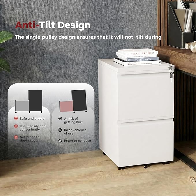 Bonusall 2-Drawer Metal File Cabinet with Lock - Mobile Filing Cabinet for Letter/A4 Size, Under Desk Office Storage Organizer with Wheels, Easy Assembly, High Capacity, White