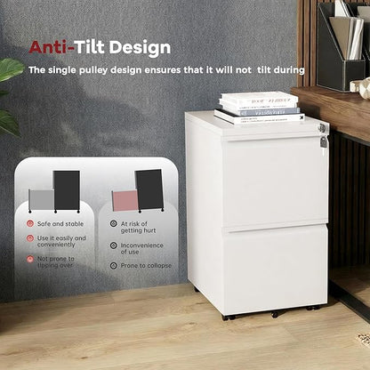 Bonusall 2-Drawer Metal File Cabinet with Lock - Mobile Filing Cabinet for Letter/A4 Size, Under Desk Office Storage Organizer with Wheels, Easy Assembly, High Capacity, White