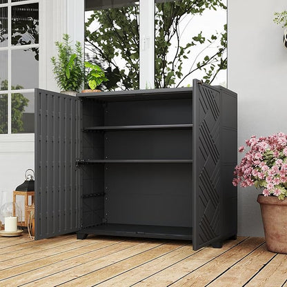 HOMSPARK Indoor/Outdoor Storage Cabinet with Doors and 2 Metal Shelves, 34”x15”x34” HDPE Plastic Storage Box for Patio, Garden, Enterway, Balcony, Multi-Purpose for Daily Tools, Black