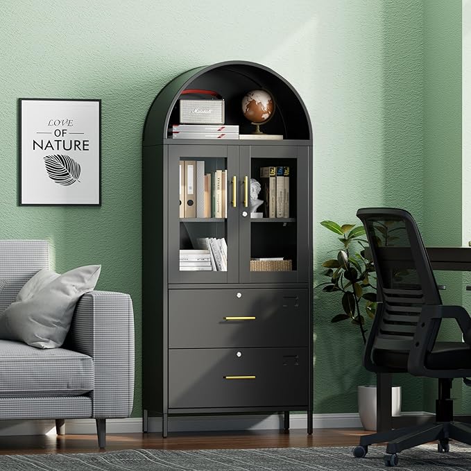 Tall Black Arched Bookcase, Metal Arched Bookshelf with 2 File Drawers and Locking Glass Doors,Assemble Required