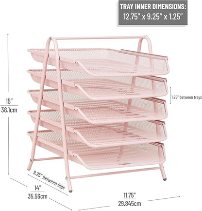 Mind Reader 5-Tier Paper Tray Organizer, Vertical Desktop File Storage Rack, Office, Metal Mesh, Pink