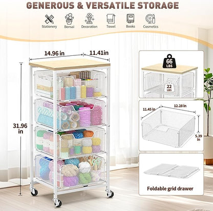 Rolling Cart with Drawers, 4-Tier Utility Cart Storage Organizer with Lockable Wheels, Metal Craft Storage Cart with Wooden Top for Kitchen, Bathroom, School, Studio, Office, Bedroom, White