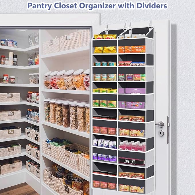 Heavy Duty Over The Door Organizer 6 Tiers, Extra Large Behind Door Storage of 12 Big Front & 12 Mesh Pockets, 80lb Weight Capacity, Hanging Doors Storage Organizer for Closet Bedroom Nursery, Grey