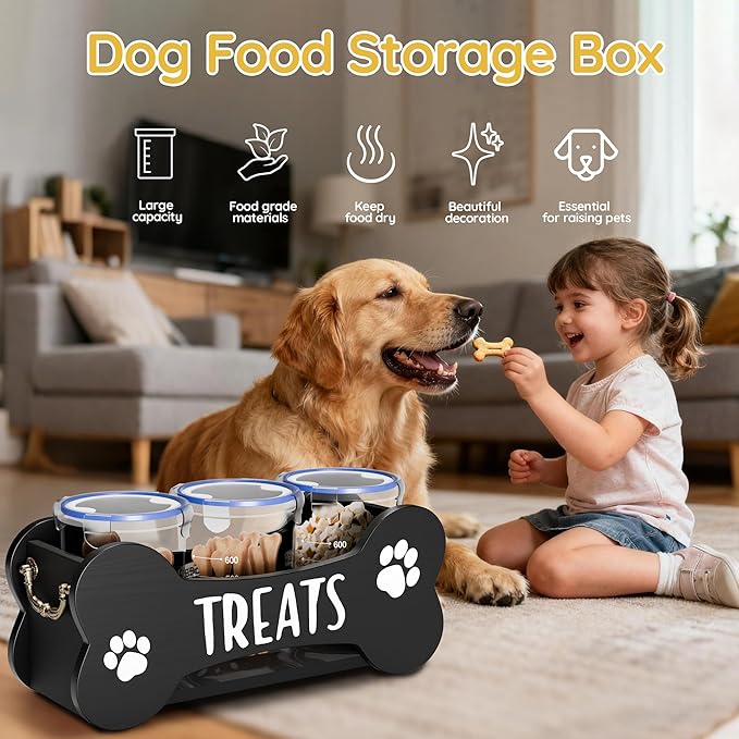 WGFKVAS Dog Treat Storage Containers, 3 Jar Countertop Organizer with Airtight Lids, Black Wooden Pet Food Dispenser for Dogs & Puppies, Perfect Food Storage Solution and Gift for Dog Owners