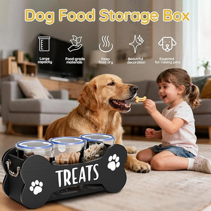 WGFKVAS Dog Treat Storage Containers, 3 Jar Countertop Organizer with Airtight Lids, Black Wooden Pet Food Dispenser for Dogs & Puppies, Perfect Food Storage Solution and Gift for Dog Owners