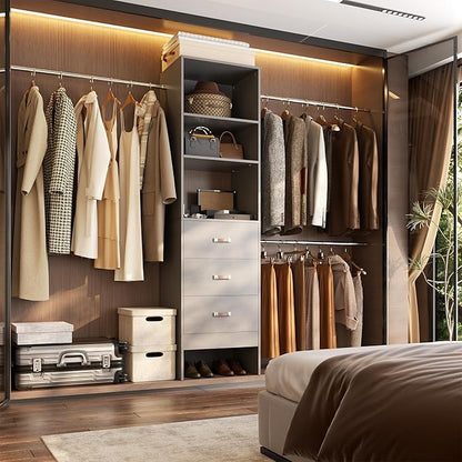 96'' Closet Organizer System with 3 Hanging Rods, 8FT Closet Organizers and Storage with 3 Wooden Drawers, Built in Closet Organizer Systems, Adjustable Walk-in Wardrobe from 5-8FT, Grey