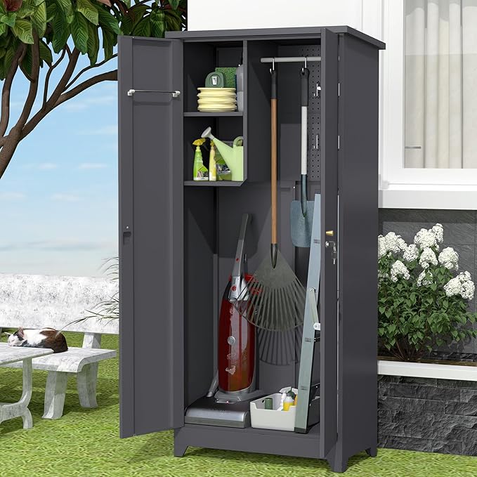 73''H Outdoor Storage Cabinet, Metal Garage Storage Cabinets with Doors and Shelves, Outdoor Broom Storage Cabinets, Waterproof Tool Shed for Patio Garden Backyard, Gray（15.4" D x 31.5" W ）