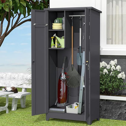 73''H Outdoor Storage Cabinet, Metal Garage Storage Cabinets with Doors and Shelves, Outdoor Broom Storage Cabinets, Waterproof Tool Shed for Patio Garden Backyard, Gray（15.4" D x 31.5" W ）