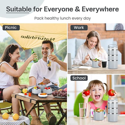 Lille Home Stackable Stainless Steel Lunch Containers, 43OZ Capacity 3 Layers Leakproof Bento Box for Adult, Portable Lunch Box for Women, Man, Travel, Office with Lunch Bag (Gray.Pro)