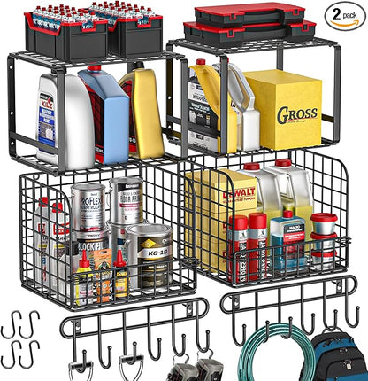 TomCare 2 Pack Garage Shelving Heavy Duty Garage Storage Shelves with Wire Baskets Laundry Room Shelves Wall Mounted shelving Tool Organizer for Shed Garden Kitchen Organization and Storage