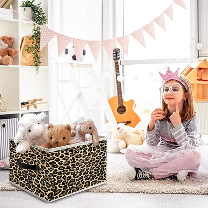 Brown Leopard Print Storage Bin Box with Handles, Cheetah Room Decor, Girly Y2k Wild Western Cheetah Foldable Organizer Basket Toybox for Girls Dorm Bedroom Bathroom Clothes Toys Books