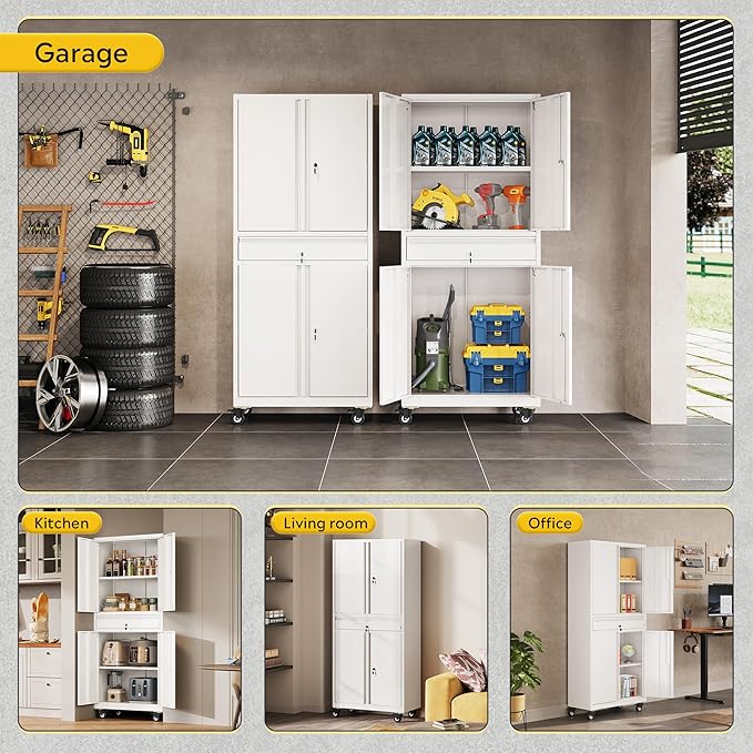 DEVAISE Metal Garage Storage Cabinet with Locking Doors and Adjustable Shelves, Rolling Tool Cabinet with Drawer for Garage,Warehouse,Home,Office (White)