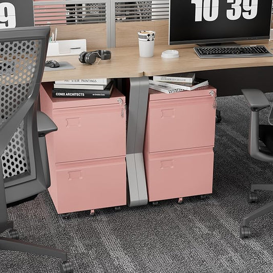 Aobabo 2 Drawer Filing Cabinet with Wheels, Lockable Metal File Cabinet with Business Card Slot for Legal/Letter Size Home Office, Required Assembled,Pink