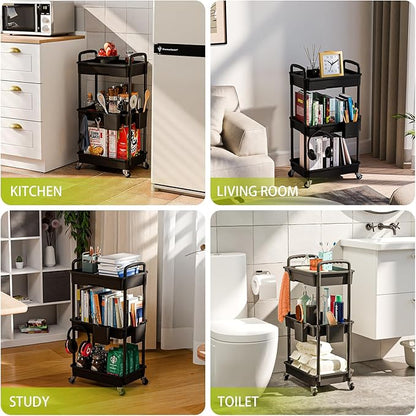 3 Tier Rolling Cart Organizer,Laundry Room Bathroom Organizers and Storage Office Shelves Mobile Shelving Unit Kitchen Trolley Cart with Wheels for Art,Craft,Diaper,Bedside,Snack(Black)