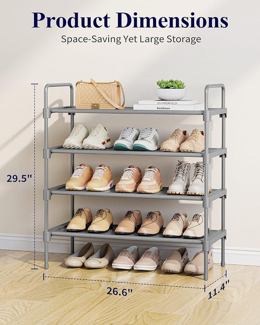 Kitsure Shoe Rack - 4-Tier Shoe Organizer with Handles & Non-Slip Feet, Rust-Resistant Metal Shoe Rack for Closet, Entryway, Bedroom, Living Room, 26.6" Wide - 4 Tiers, Grey