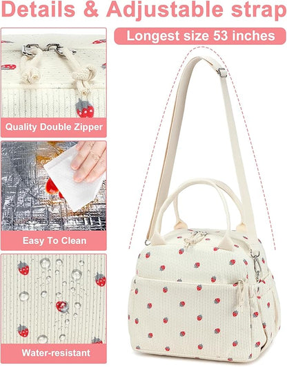 Bluboon Lunch Bag for Women Cute Corduroy Lunch Tote Bags with Shoulder Strap Reusable Insulated Lunch Box Large Capacity Reusable Insulated Cooler for Work Picnic or Travel (13L)