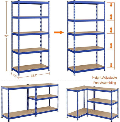 Topeakmart 5-Tier Utility Shelves, Metal Storage Shelves Garage Shelving Unit Adjustable Garage Storage Shelves Storage Racks Heavy Duty Shed Shelving- Blue, 35.5 x 17.5 x 72 Inch
