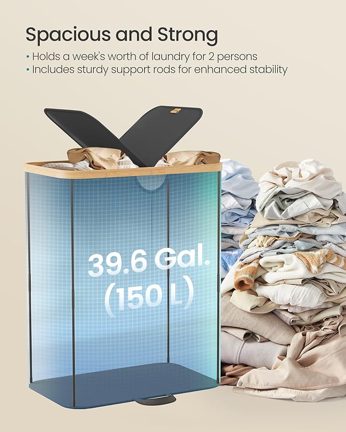 SONGMICS Laundry Hamper with Lids, Laundry Basket with 2 Compartments, 39 Gal. (150 L), Removable Liner Bag, for Laundry Room, Bedroom, Living Room, Ink Black and Light Bamboo ULCB523B01