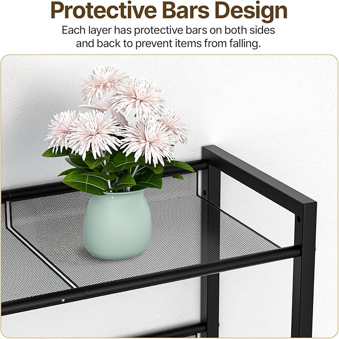 4 Tier Over The Toilet Storage Rack, Bathroom Organizer Shelf Over Toilet with 4 Hook and Roll Holder, Space Save Freestanding Metal Bathroom Shelves