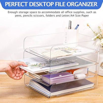 Set of 4 Office Organization and Storage, Clear PET Letter Tray Desk Organizer, Stackable Paper Tray Organizer for Desk Accessories, Notes, Pens, File Paper, Document