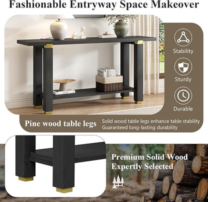 62.9" Modern Minimalist Console Table, Solid Wood Entryway Sofa Table with Metal Accents, 2-Tier with Open Shelf and Built-in Shelf for Living Room, Hallway (Black-J22)