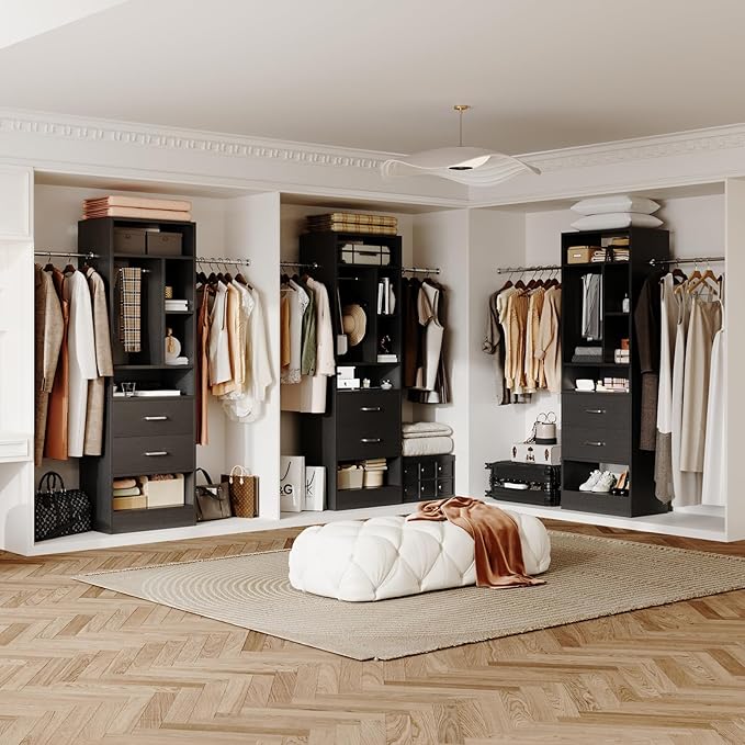 COTUBLR Closet System, 48" W - 105” W Closet Organizer with 24” Tower and 2 Extendable Hanging Rods, Walk-in Wardrobe Garment Rack with 2 Wooden Drawers and 6 Shelves, Fit up to 600 LBS (Black)