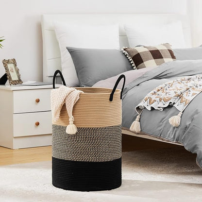 58L Large Woven Laundry Hamper by Fiona's magic, Tall Cotton Rope Laundry Basket, Boho Storage Basket for Blankets, Toys and Clothes Hamper for Bedroom and Living Room Organizing, Brown & Black