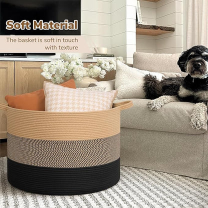 INDRESSME 115L Extra Large Blanket Basket for Apartment Décor, Woven Baby Laundry Hamper Shoe Basekts for Entryway, Wicker Storage Basket for Organizing, Camel Mix & Black