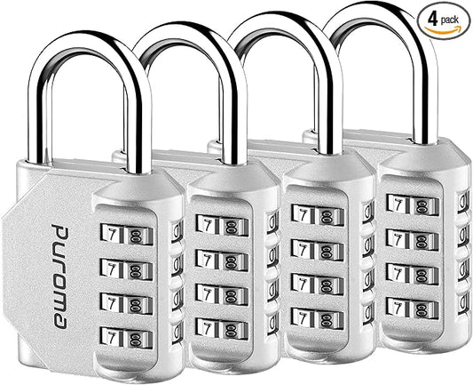 Puroma 4 Pack Combination Lock for Locker 4 Digit Outdoor Waterproof Padlock for School, Gym, Sports, Fence, Toolbox, Gate, Case, Outdoor, Hasp Storage, Cabinets (Silver)