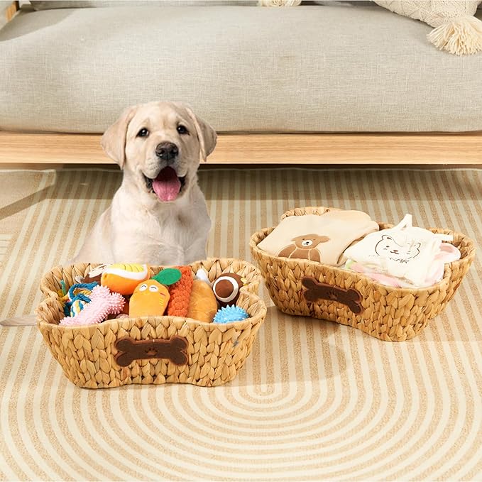 ELONG HOME Wicker Basket for Pet Toys, 2 Pack Stylish and Natural Dog and Cat Toy Basket, Dog Storage Organizer with Bone Shape