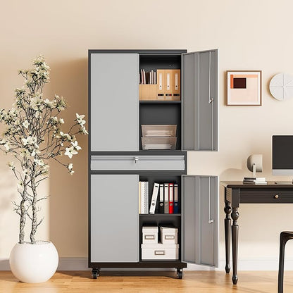 Metal Garage Storage Cabinet with Wheels, 73" Lockable Storage Cabinet with 2 Adjustable Shelves and 1 Drawer for Garage, Utility Room, Warehouse (Black Grey)
