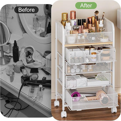 Makeup Cart Organizer with 4 Drawers, Large Floor Skincare Organizers, Vanity Storage Organizer Cosmetics Display Cases for Skin Care Perfume Nail Polish, White