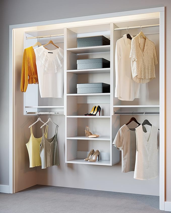 Modular Closets Vista Collection Closet Organizer System - 3 Piece Wall Mounted Kit with Hanging Rods & Shelves, White, Fits Closets 96” or wider
